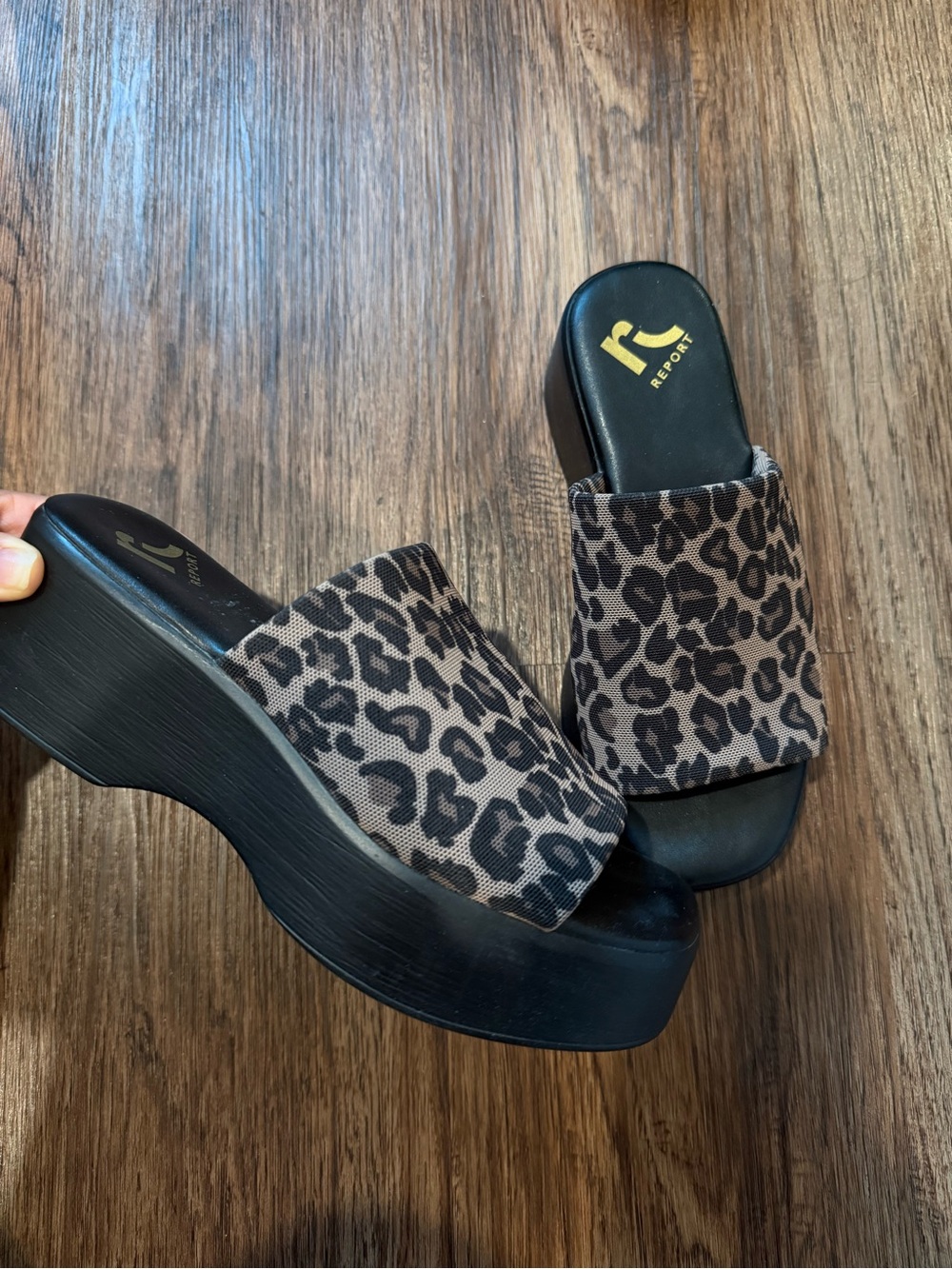 Report Leopard-Print Platform Slide Sandals — Black and Brown